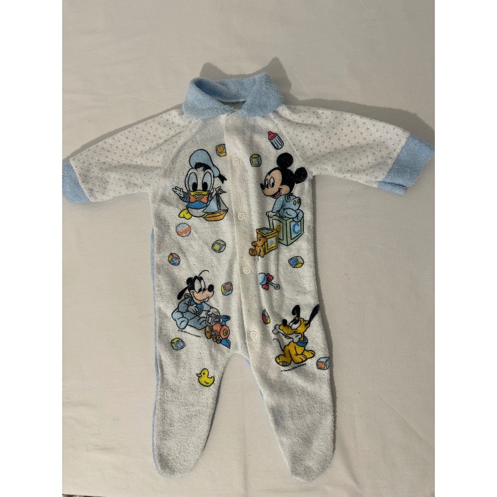 Vintage 1984 Walt Disney Mickey Mouse Donald Duck Baby Footed Sleeper Blue White